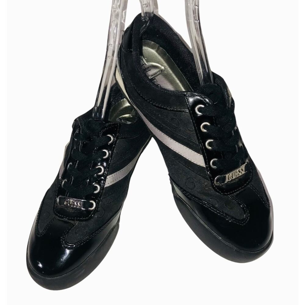 Guess Patent Leather Sneakers Silver Name Plates Logo Embossed Fabric Size 8M